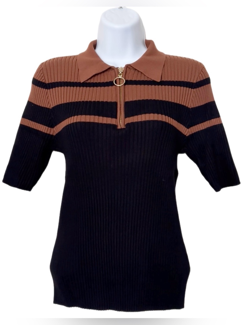 Rio & Rian Women Ribbed Short-Sleeve Polo Sweater Top in Black and Brown Size M